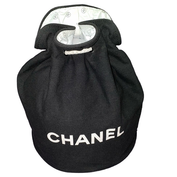 AUTH CHANEL Black & White Logo Large Jumbo Drawstring Canvas Bucket Bag Backpack main image 14